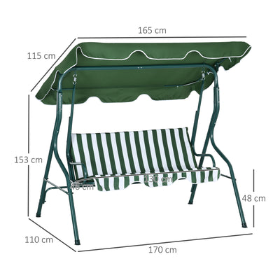 Outsunny 3 Seater Garden Swing Seat Chair Outdoor Bench with Adjustable Canopy and Metal Frame, Green Stripes 