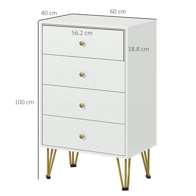 HOMCOM Tall Chest of Drawers, 4-Drawer Dresser for Bedroom, Modern Storage Cabinets with Hairpin Legs, White 