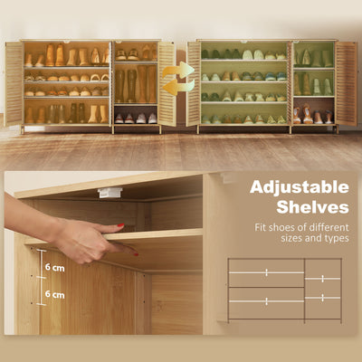 HOMCOM Bamboo Shoe Cabinet with Louvered Doors, 18 Pairs Shoe Storage Cabinet with Adjustable Shelves for Hallway, Natural 