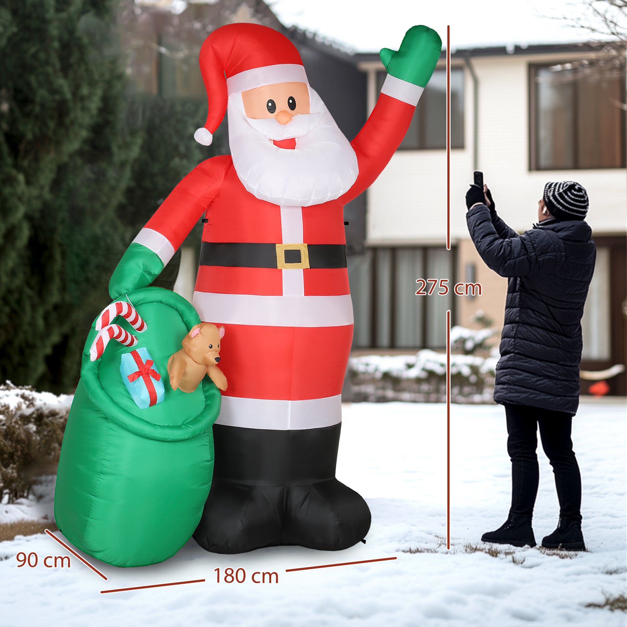 Outsunny 9ft/275 cm Christmas Inflatable Santa with Bear Sack, Giant Christmas Blow Up Decoration with Built-in LED Lights for Garden, Indoor Outdoor Home Decor