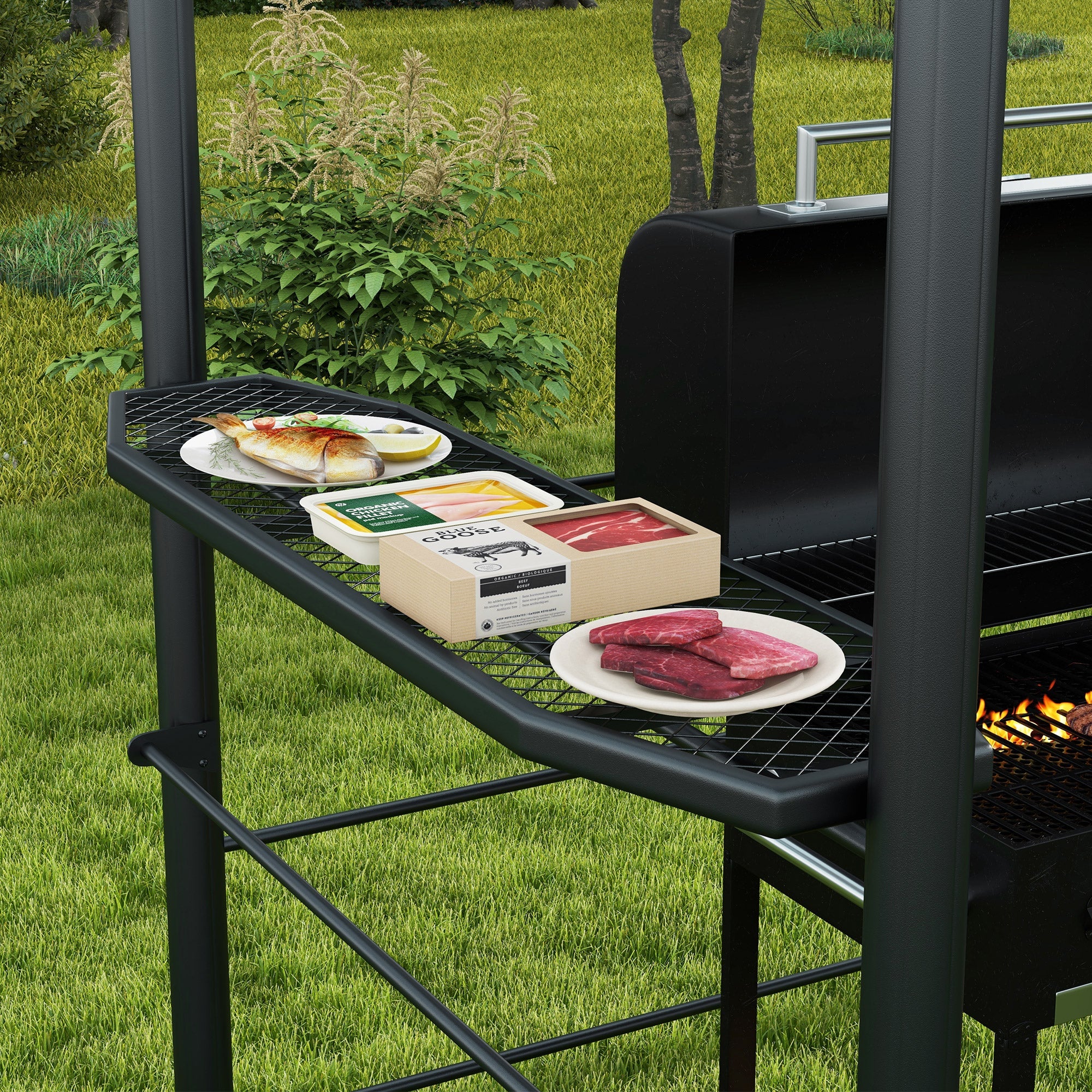 Outsunny 2.4 x 1.5m Outdoor Grill Gazebo with Side Shelves, PC Board Roof, Dark Grey 