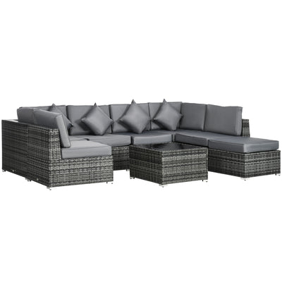 Outsunny 8 Pieces PE Rattan Corner Sofa Set, Outdoor Garden Furniture Set, Patio Wicker Sofa Seater w/ Cushion, Washable Cushion Cover & Tempered Glass Table, Grey 