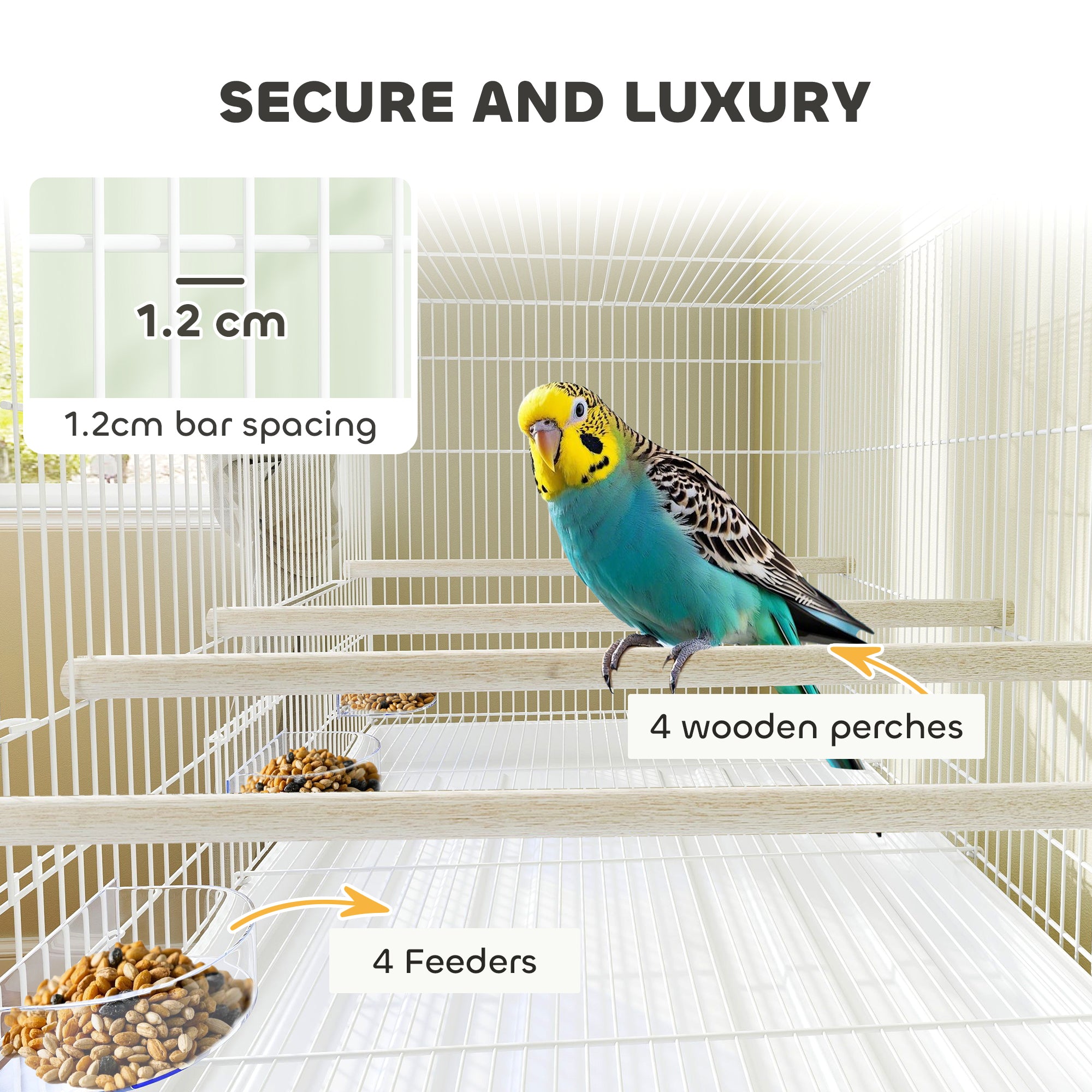 PawHut Bird Cage with Divider, 4 Wooden Perches, Slide Out Tray, 4 Feeders, for Budgie, Lovebird, Canary, 76 x 46 x 116cm White