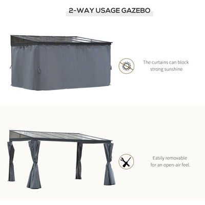 Outsunny 4 x 3(m) Outdoor Hardtop Gazebo with Curtains, Lean to Aluminium Pergola with Polycarbonate Roof, Garden Pavilion Sun Shade Shelter, Grey 