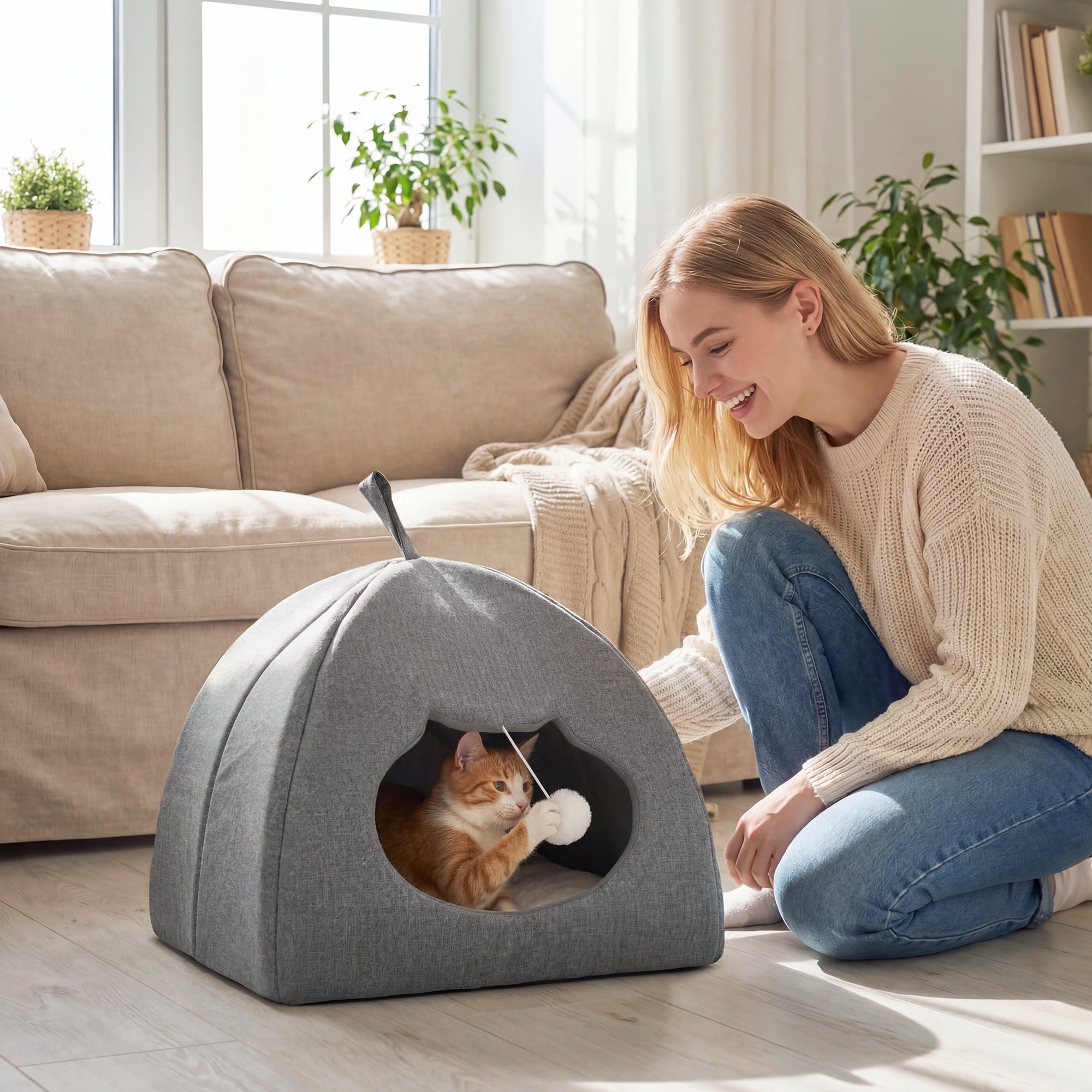 PawHut Cat Cave Bed for Indoor Kittens, Cat House with Removable Cushion and Teaser Ball, Kitty Igloo with Anti-Slip Base, 42 x 42 x 39 cm, Grey 