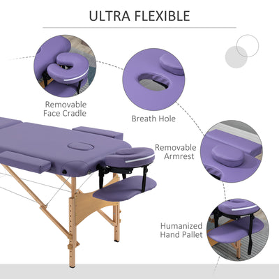 HOMCOM Portable Massage Bed, Folding Spa Beauty Massage Table with 2 Sections, Carry Bag and Wooden Frame, Purple 