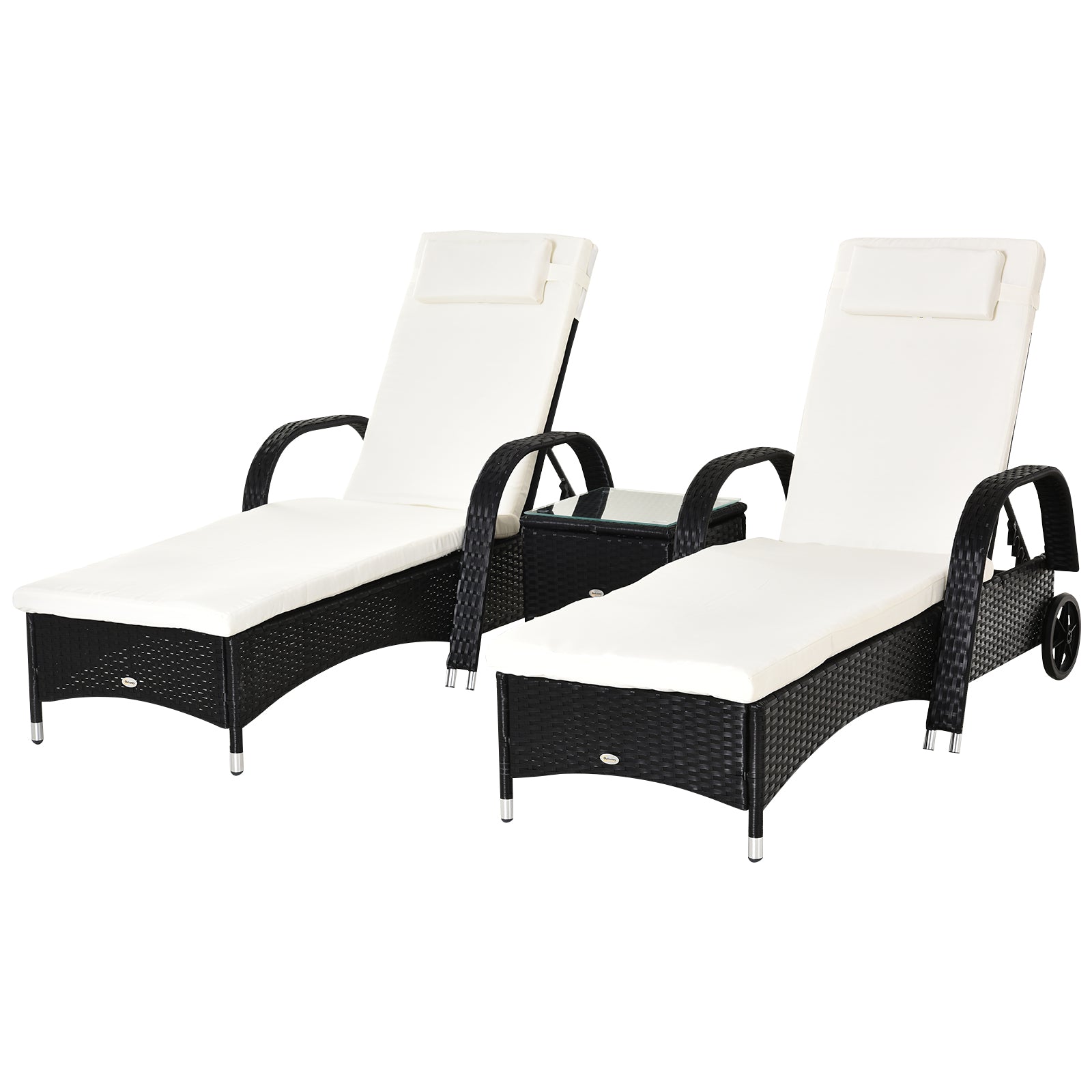 Outsunny 2 Seater Rattan Sun Lounger Set with Side Table Black 