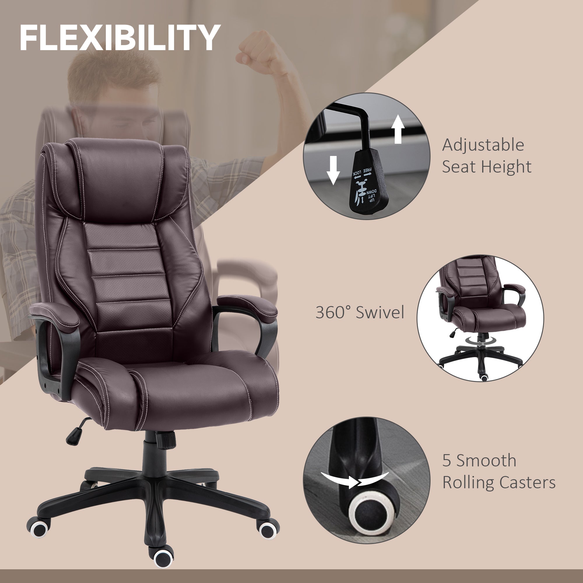 Vinsetto High Back Executive Office Chair 6- Point Vibration Massage Extra Padded Swivel Ergonomic Tilt Desk Seat, Brown 