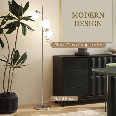 HOMCOM 3-Light Tree Floor Lamps for Living Room, Modern Standing Lamp for Bedroom with Globe Lampshade, 3000K/4000K/6000K Colour Temperatures, Steel Base, Silver Tone 