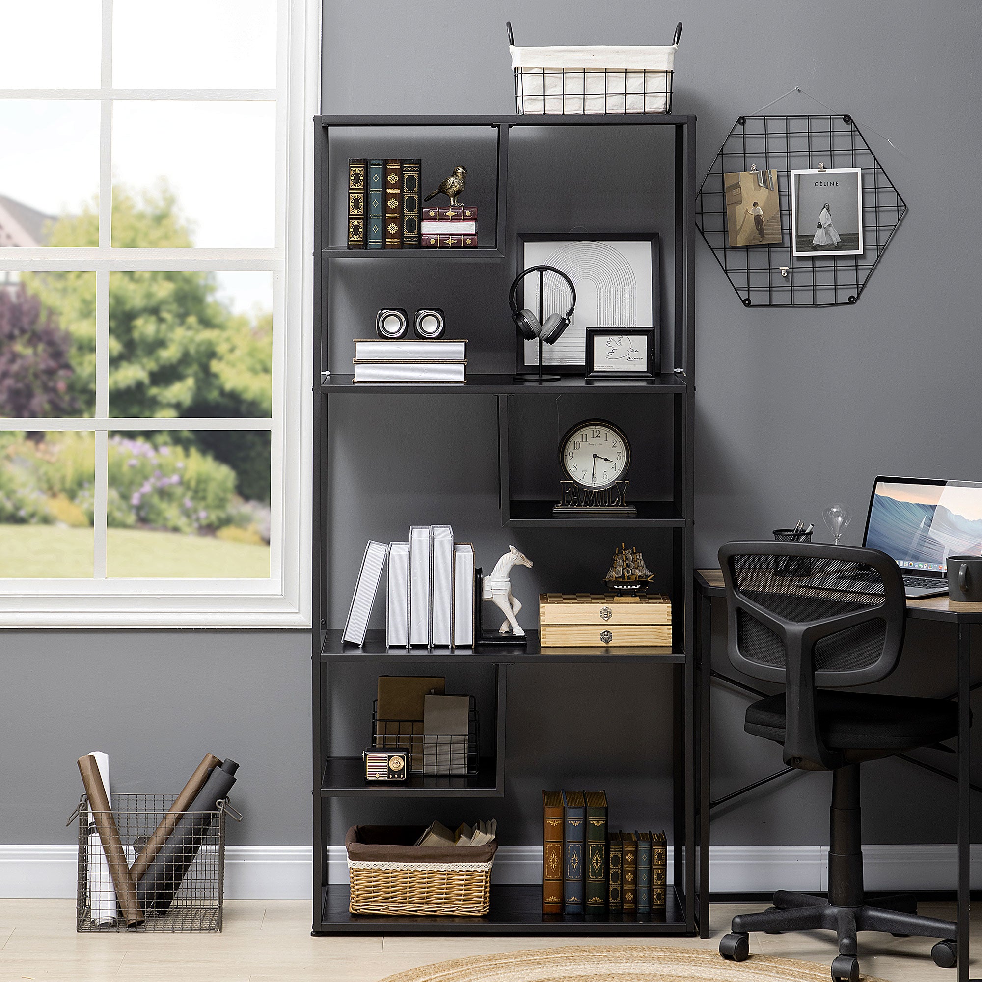 HOMCOM Industrial Accent Display Rack 7 Tier Bookcase, Display Rack for Living Room, Office, Bedroom, Black 