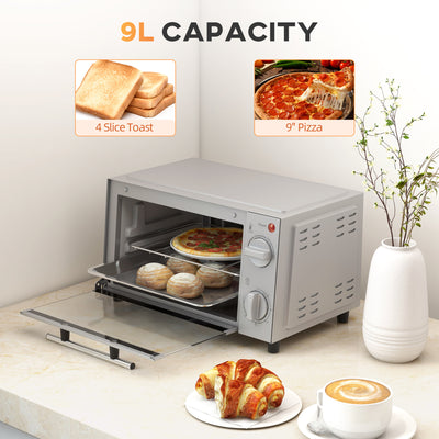 HOMCOM Mini Oven, 9L Countertop Electric Grill, Toaster Oven with Adjustable Temperature, Timer, Dishwasher Safe Baking Tray and Wire Rack, 750W, Silver 