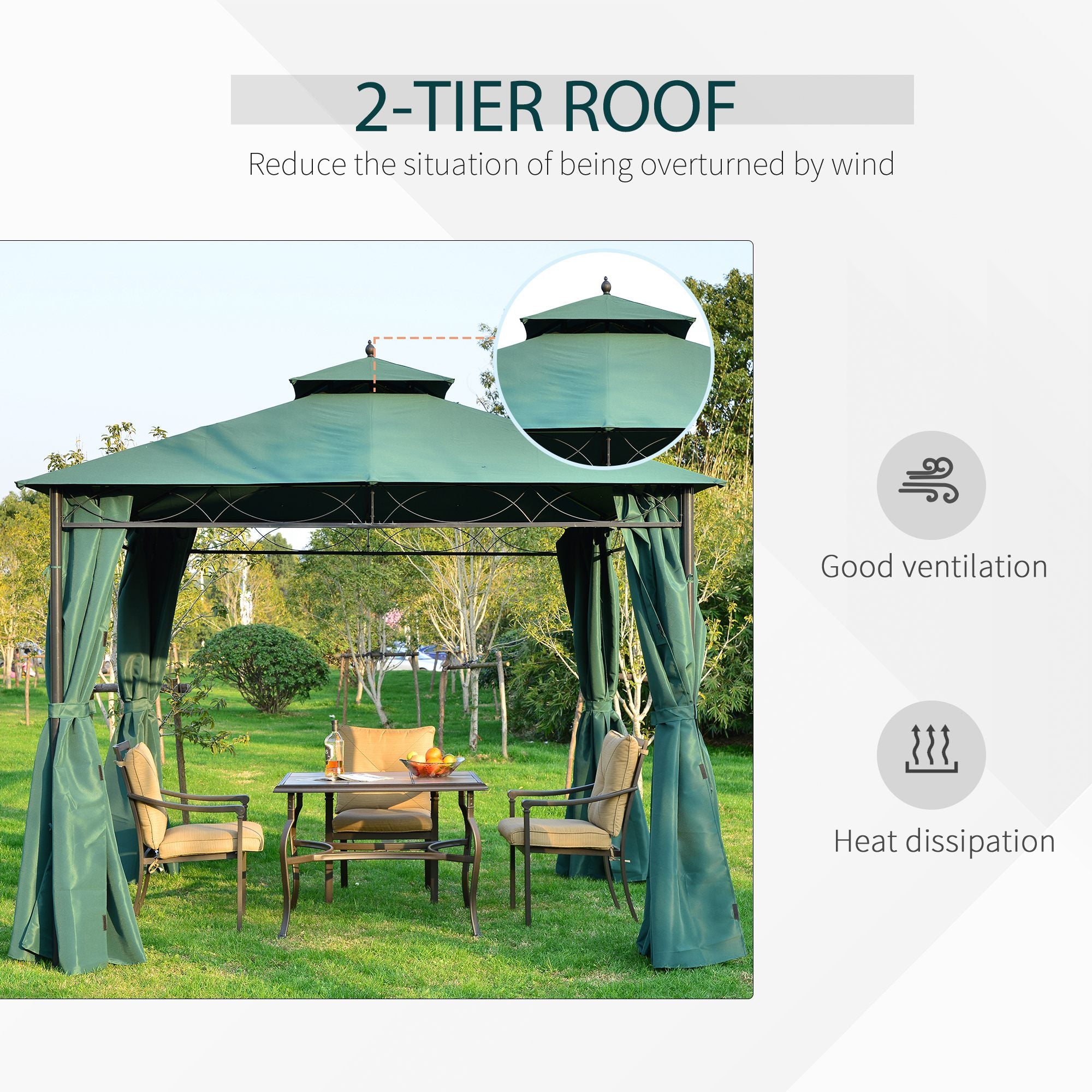 Outsunny 3(m) x 3(m) Metal Garden Gazebo Marquee Party Tent Patio Canopy Pavilion + Sidewalls - Green 