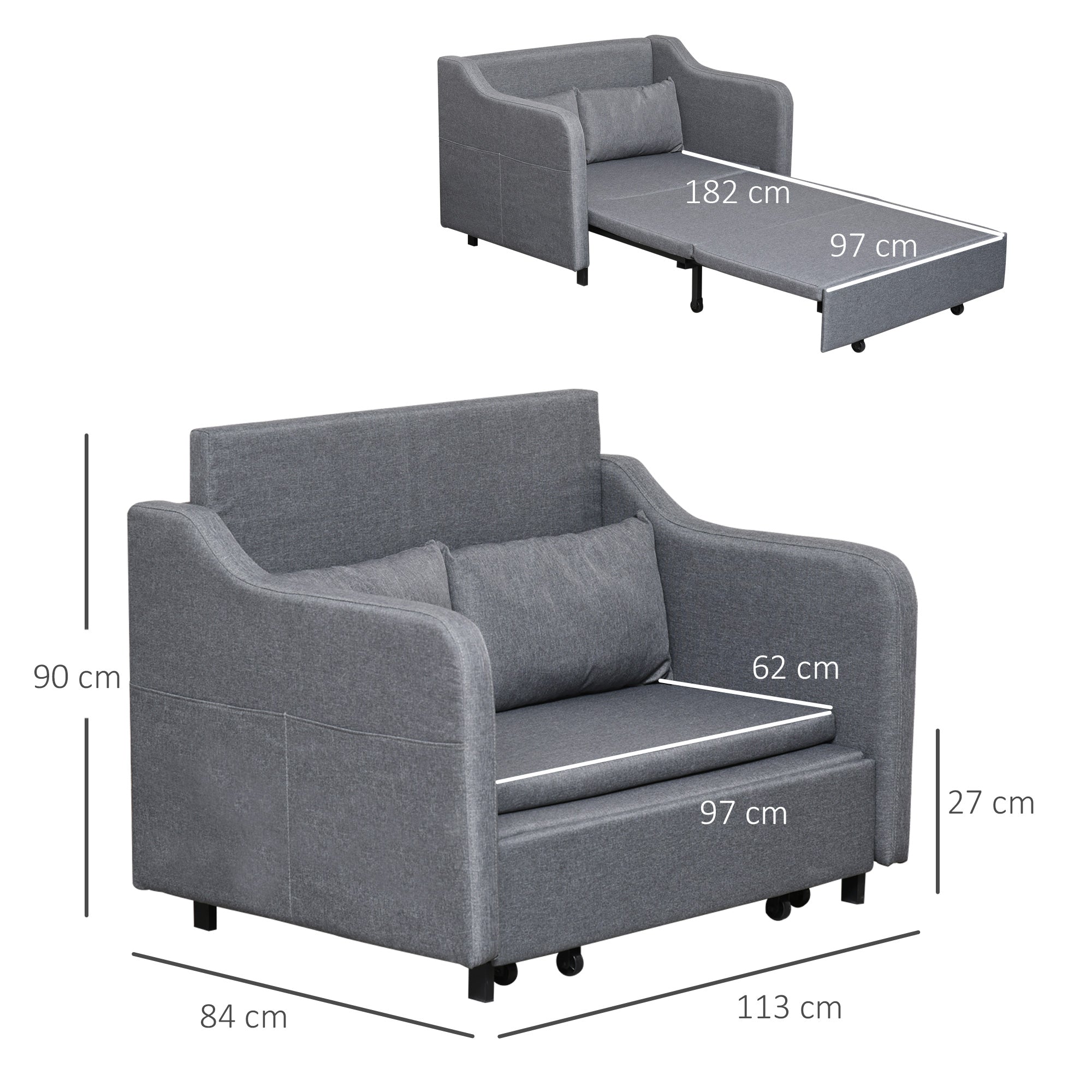 HOMCOM Two-Seater Pull-Out Sofa Bed - Grey 