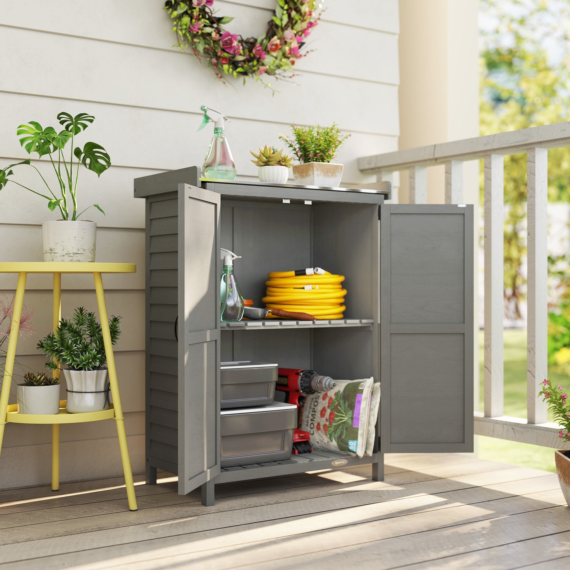 Outsunny Wooden Garden Shed, Garden Tool Storage Shed with Shelf and Side Hooks, 71.5 x 39 x 95 cm, Grey 