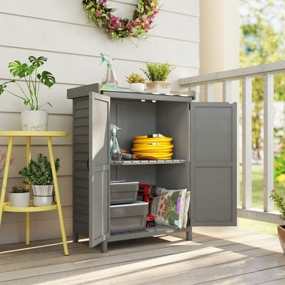 Outsunny Wooden Garden Shed, Garden Tool Storage Shed with Shelf and Side Hooks, 71.5 x 39 x 95 cm, Grey 