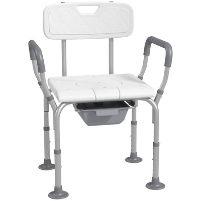 HOMCOM Height Adjustable Shower Stool with Arms and Back, Non-Slip Bedside Commode with Detachable Bucket for Elderly, White 