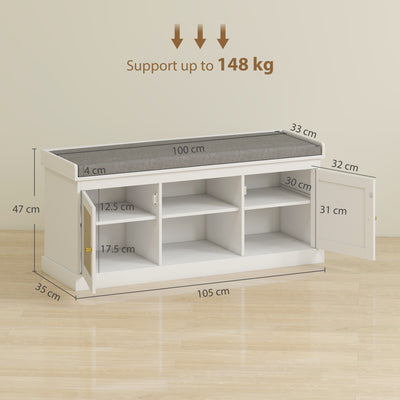 HOMCOM Boho Shoe Storage Bench with Padded Cushion and Rattan Doors - White 