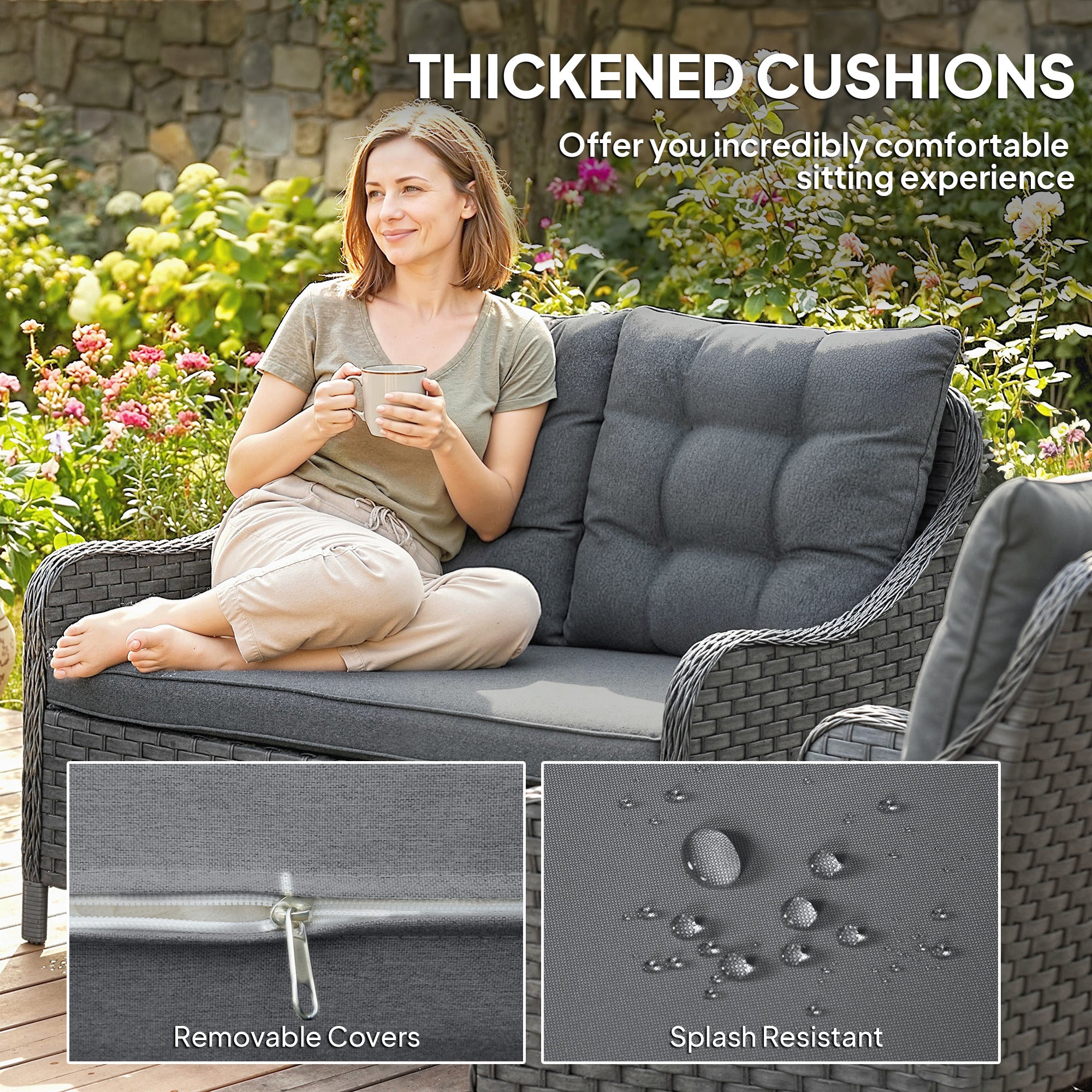 Outsunny 4-Piece Wicker Patio Furniture Set with 2 Armchairs, Loveseat, Glass Coffee Table, Conversation Sofa Set, Dark Grey 