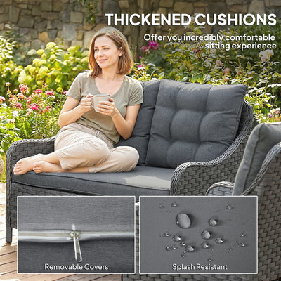 Outsunny 4-Piece Wicker Patio Furniture Set with 2 Armchairs, Loveseat, Glass Coffee Table, Conversation Sofa Set, Dark Grey 