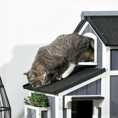 PawHut Wooden Cat House with Flower Pot, Windows, Multiple Entrances, Water-Resistant Roof for Outdoor - Grey 