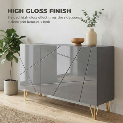 HOMCOM Modern Luxe High Gloss Sideboard, with Hairpin Legs, Grey 