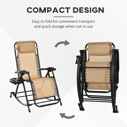 Outsunny Garden Rocking Chair Folding Recliner Outdoor Adjustable Sun Lounger Rocker Zero-Gravity Seat with Headrest Side Holder Patio Deck - Beige 