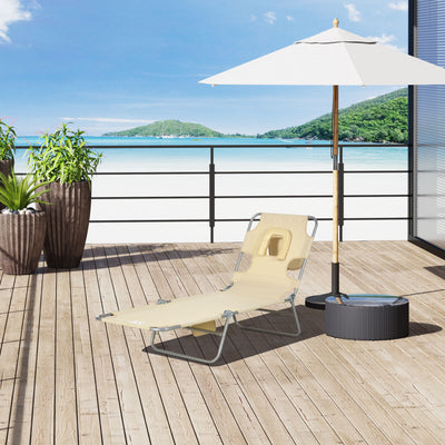 Outsunny Foldable Sun Lounger, Beach Chaise Lounge with Reading Hole, Arm Slots, 5-Position Adjustable Backrest, Side Pocket, Pillow for Patio, Garden, Beach, Pool, Beige 