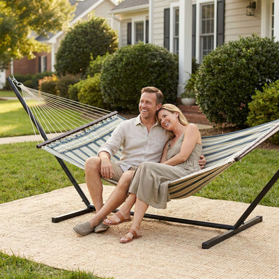 Outsunny Outdoor Hammock with Stand Detachable Pillow Striped Swing Steel Frame, for Garden, Patio, Green 