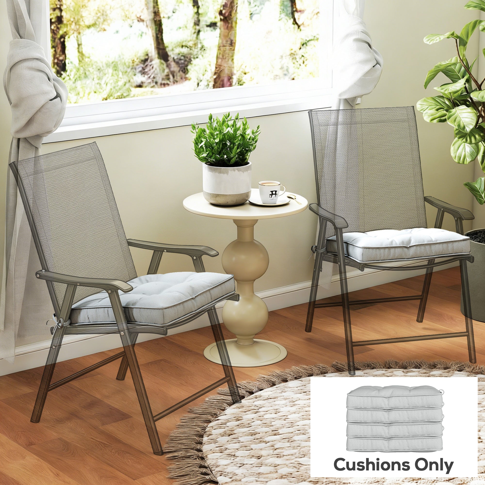 Outsunny Set of 4 Garden Seat Cushion with Ties, 42 x 42cm Replacement Dining Chair Seat Pad, Light Grey 