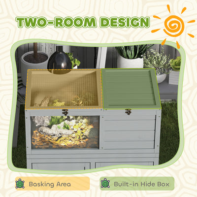 PawHut Wooden Tortoise House with Storage Cabinet, Openable Top, Lamp Holder, Transparent Observation Windows, Light Grey 