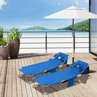 Outsunny 2 Pieces Foldable Sun Lounger with Reading Hole, Portable Sun Lounger with 5 Level Adjustable Backrest, Reclining Lounge Chair with Side Pocket, Headrest Pillow, Blue 