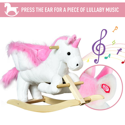 HOMCOM Kids Rocking Horse Unicorn Wooden Plush Ride On Chair Toy with Music 1.5-3 Years 