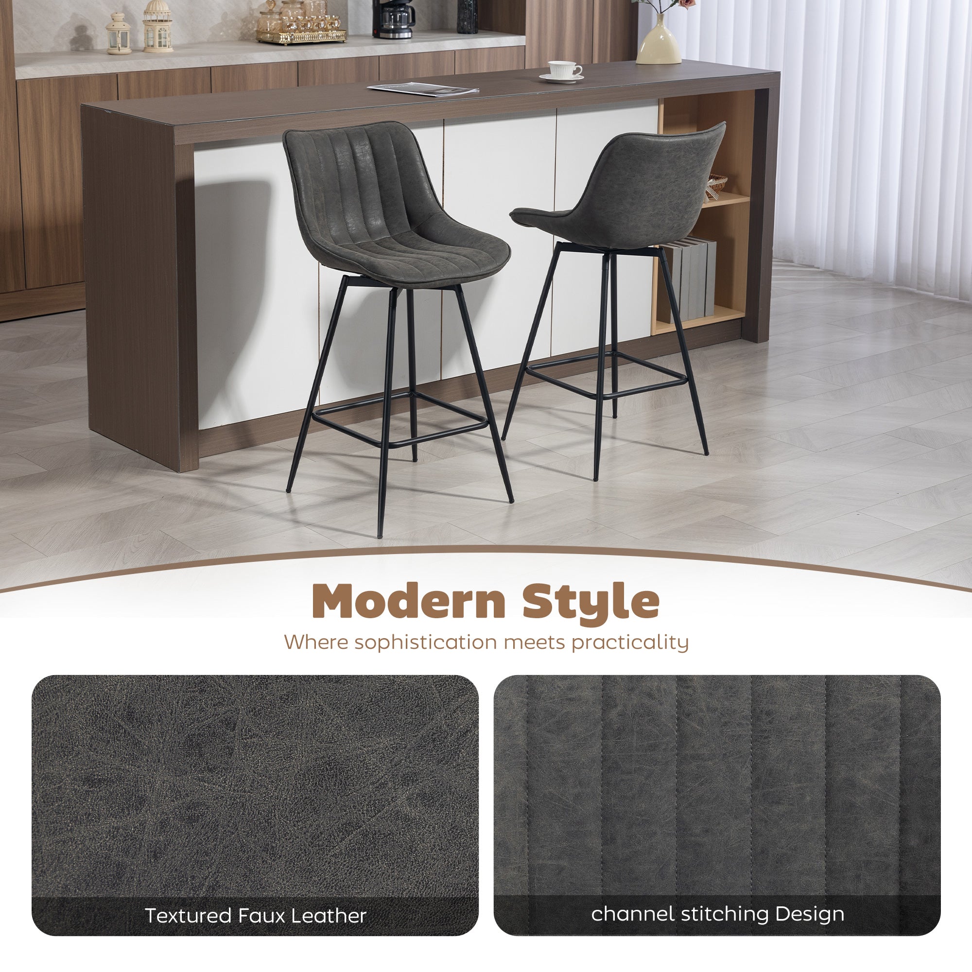 HOMCOM Set of 2 PU Leather Swivel Bar Stools - Grey