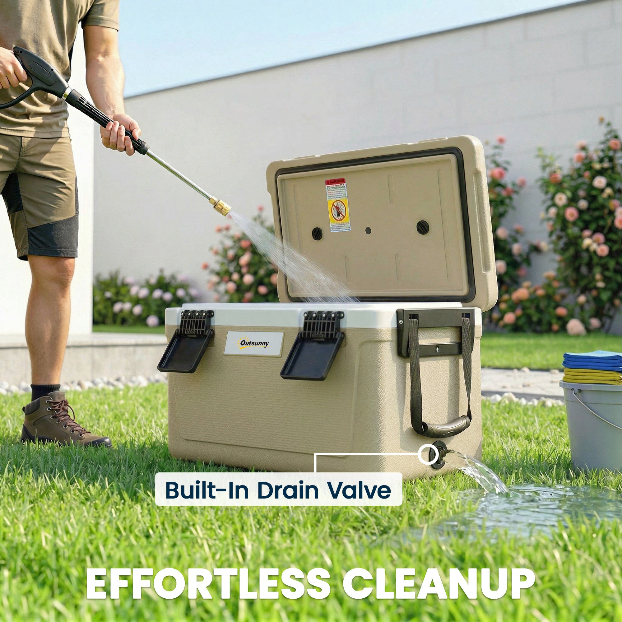 Outsunny 42.6L Insulated Cool Box, Lightweight Portable Ice Cooler with Handle, Lid and Drain Valve, Khaki 