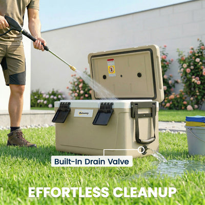 Outsunny 42.6L Insulated Cool Box, Lightweight Portable Ice Cooler with Handle, Lid and Drain Valve, Khaki 