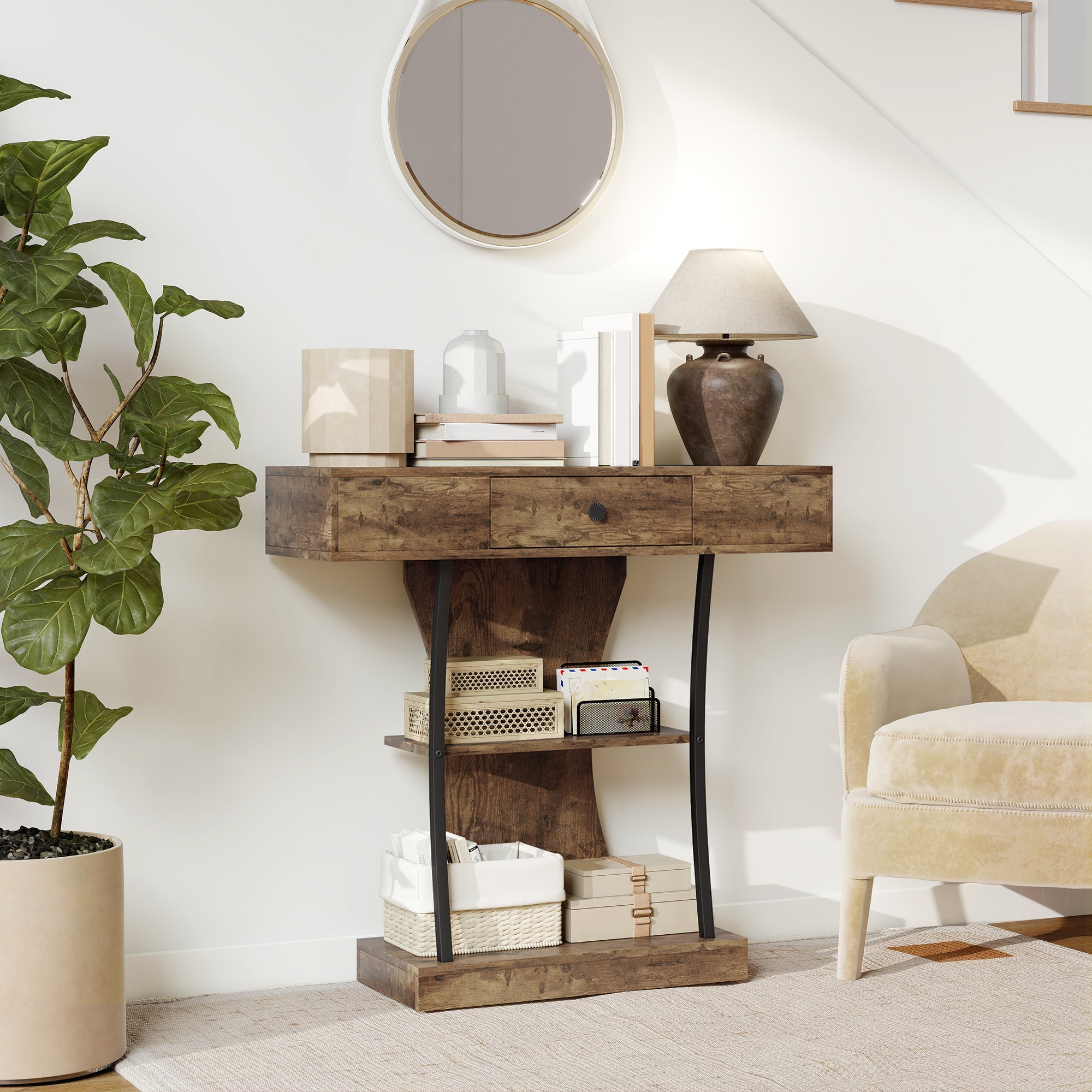 HOMCOM Console Table, 3-Tier Industrial Hallway Table with Drawer, Storage Shelves, 91 x 32 x 87 cm, Rustic Brown 