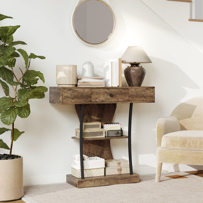 HOMCOM Console Table, 3-Tier Industrial Hallway Table with Drawer, Storage Shelves, 91 x 32 x 87 cm, Rustic Brown 