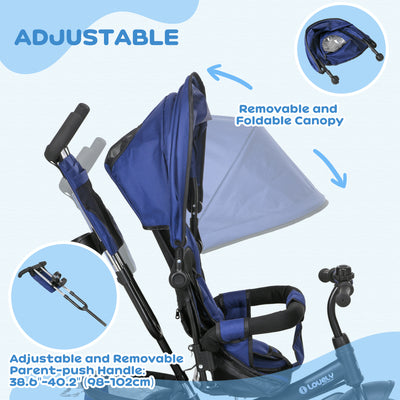 HOMCOM 6 in 1 Kids Trike Push Bike with Push Handle, Canopy, 5-point Safety Belt, Storage, Footrest, Brake, for 1-5 Years, Dark Blue 