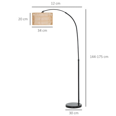 HOMCOM Rattan Floor Lamp for Living Room, Farmhouse Arc Standing Lamp with Dual-Layer Shade & Foot Switch, Height Adjustable Minimalist Tall Pole Lampshade for Bedroom, Office, Black 