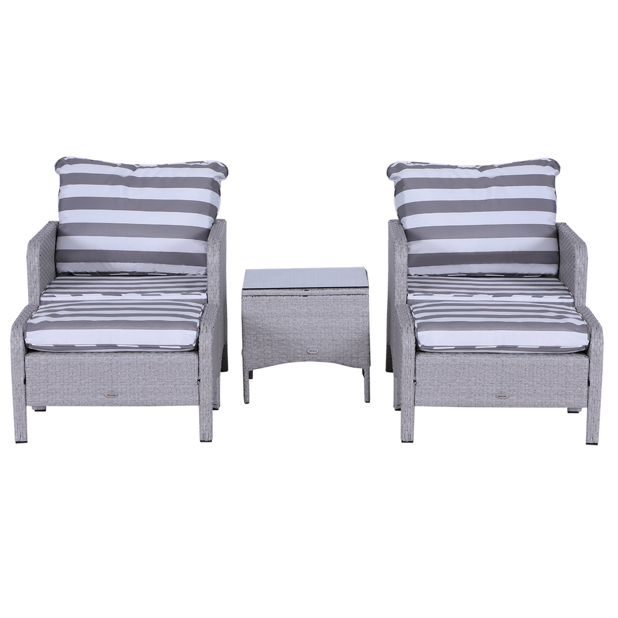 Outsunny 5 Pieces PE Rattan Garden Furniture Set with 10cm Thick Padded Cushions, Wicker Weave Outdoor Seating Chairs with 2 Armchairs, 2 Stools, Glass Top Table, Grey and White 