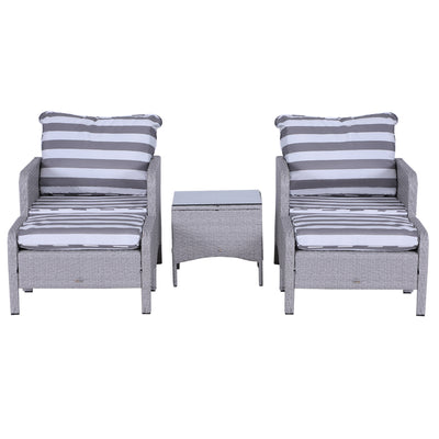 Outsunny 5 Pieces PE Rattan Garden Furniture Set with 10cm Thick Padded Cushions, Wicker Weave Outdoor Seating Chairs with 2 Armchairs, 2 Stools, Glass Top Table, Grey and White 