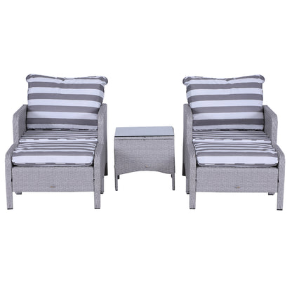 Outsunny 5 Pieces PE Rattan Garden Furniture Set with 10cm Thick Padded Cushions, Wicker Weave Outdoor Seating Chairs with 2 Armchairs, 2 Stools, Glass Top Table, Grey and White 