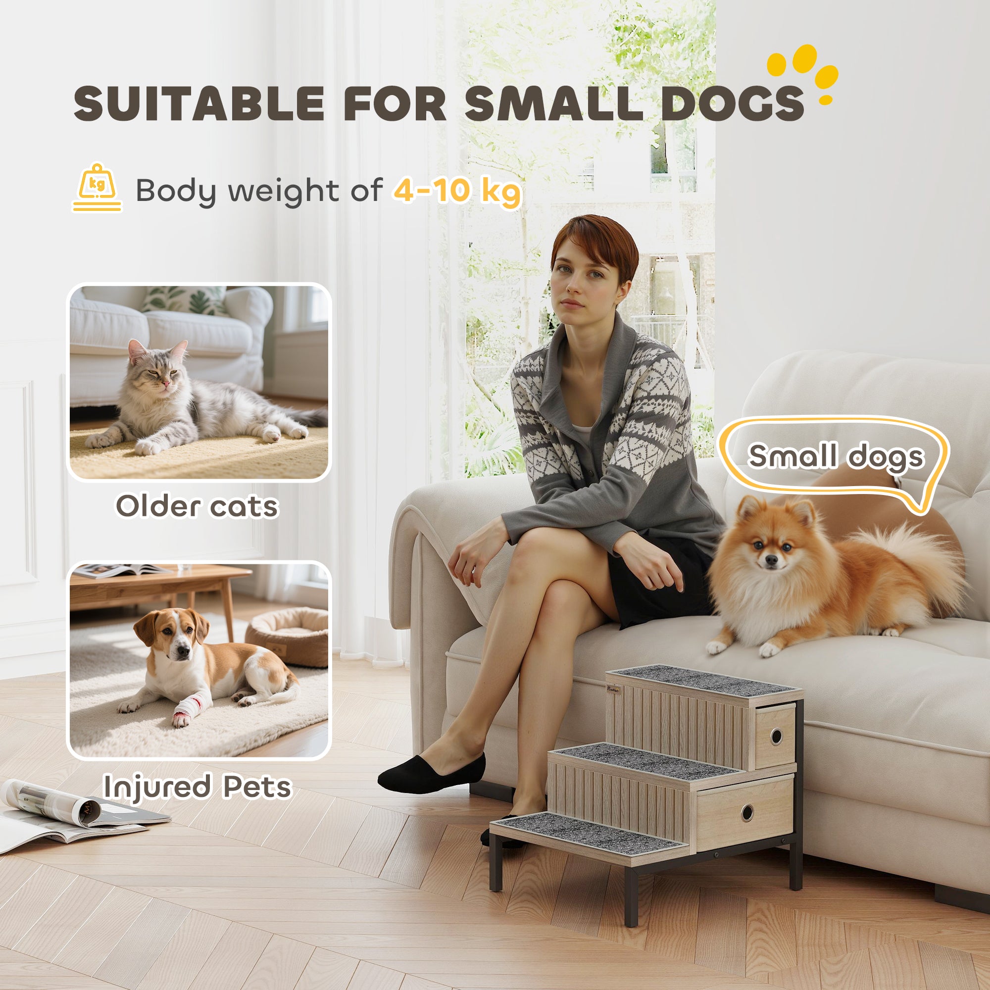 PawHut Dog Stairs with Storage, Non-Slip Cover, Pet Steps for Small Dogs & Older Cats, for Sofa, High Bed, Oak Tone 