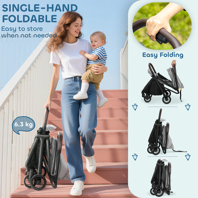 AIYAPLAY Foldable Baby Stroller with Adjustable Seat, 5-Point Harness, Canopy, Basket, 6.3kg Lightweight & Compact, Light Grey 