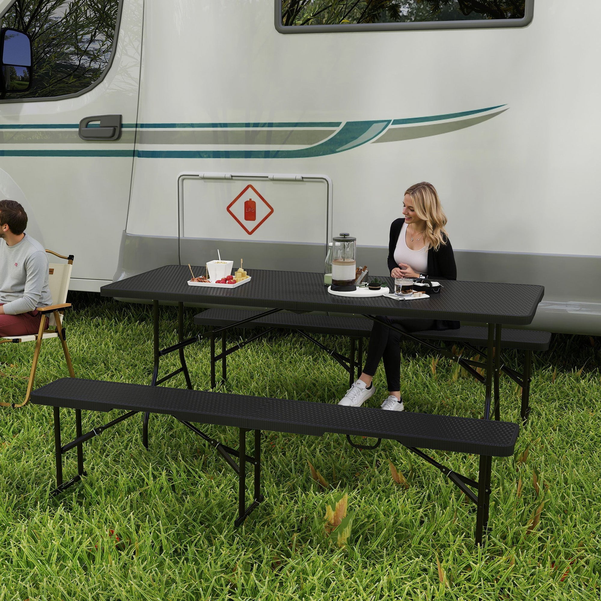 Outsunny Folding Picnic Table and Bench Set, Rattan Effect Portable Camping Table and Chairs with Carrying Handles for Indoor Outdoor, Dining, Camping, Picnic, BBQ, Party, Black 