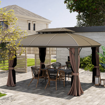 Outsunny 3.65 x 3(m) Hardtop Steel Gazebo Canopy with Aluminium Frame, Double Roof, Net Sidewalls and Curtains, Coffee 