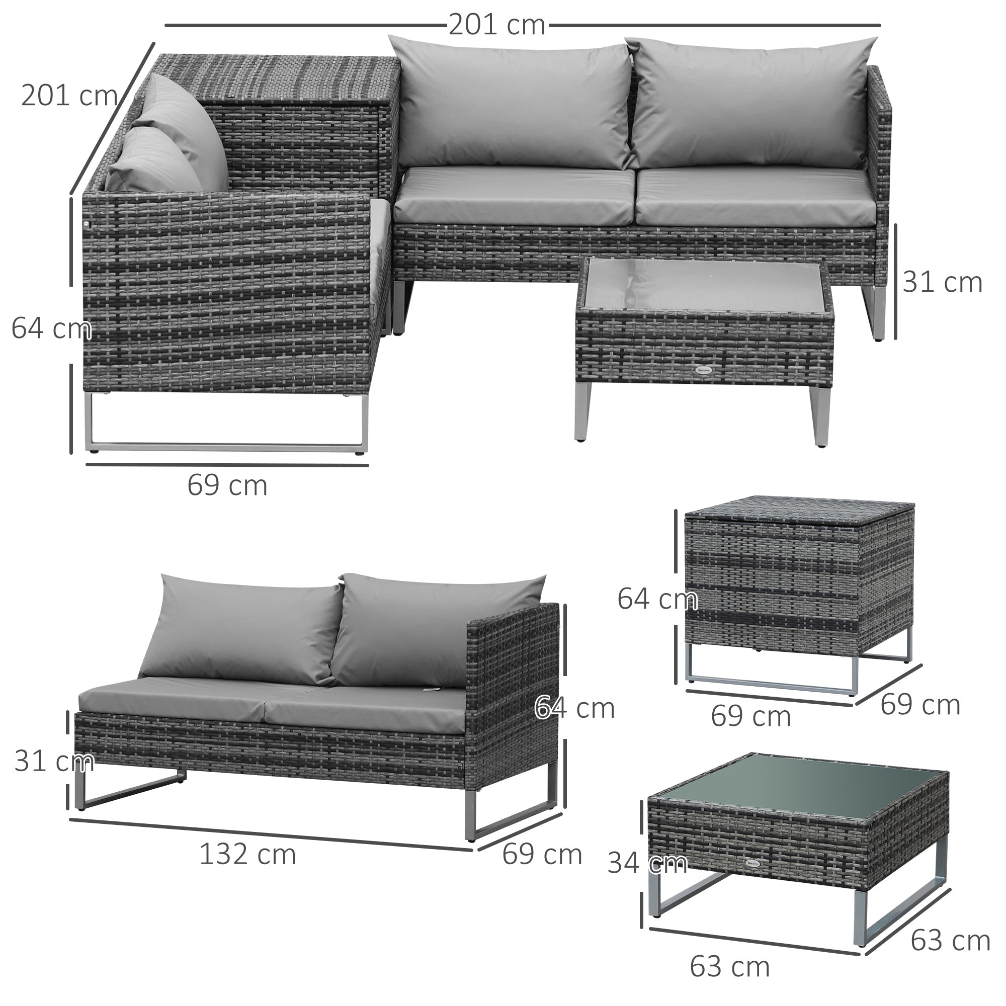 Outsunny 4 PCs Garden Rattan Wicker Outdoor Furniture Patio Corner Sofa Love Seat and Table Set  with Cushions Side Desk Storage - Mixed Grey 