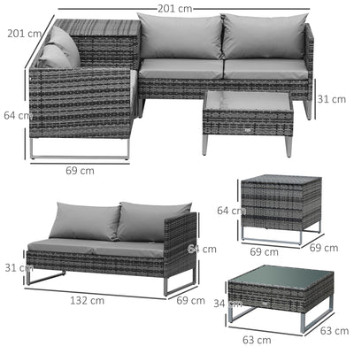 Outsunny 4 PCs Garden Rattan Wicker Outdoor Furniture Patio Corner Sofa Love Seat and Table Set  with Cushions Side Desk Storage - Mixed Grey 
