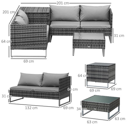 Outsunny 4 PCs Garden Rattan Wicker Outdoor Furniture Patio Corner Sofa Love Seat and Table Set  with Cushions Side Desk Storage - Mixed Grey 