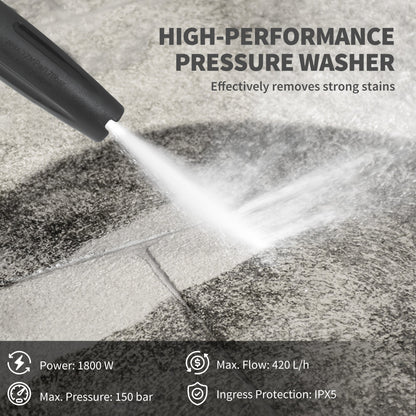 Outsunny 1800W High Pressure Washer, 150 Bar Pressure, 420 L/h Flow, Portable Electric Power Washer Jet Wash Cleaner with Adjustable Nozzle, 6M Hose, Steel Handle for Home Patio Car Driveway, Green 